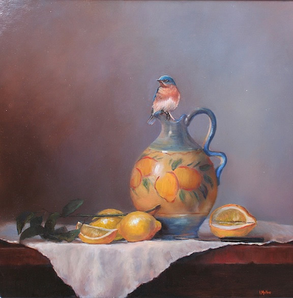 Lemons to Lemonade 24x24 ©2011 LMcNee 72dpi Italian pitcher and lemon oil painting with bluebird